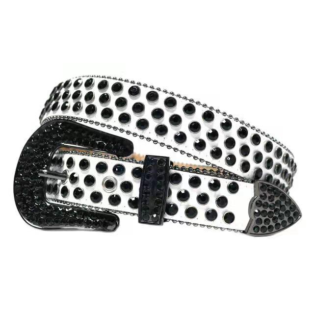 Sleek Bling Belt with Black Stones and White Leather