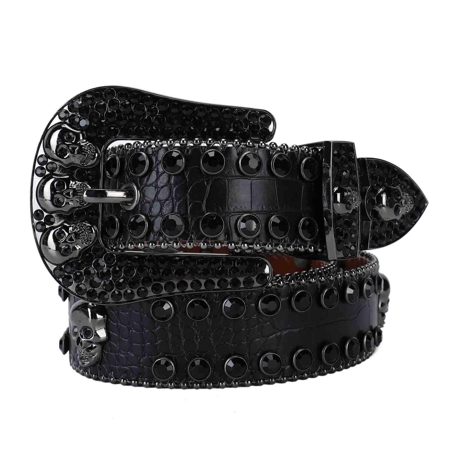 Leather Belt with Black Diamonds Skull Head on Round Buckle