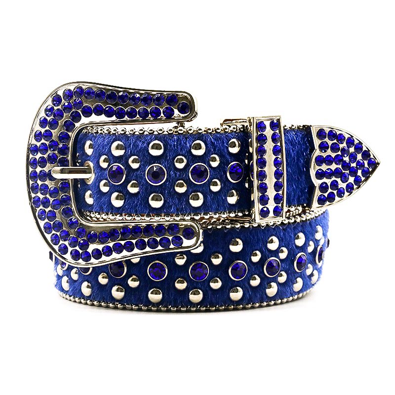 Blue Studded Belt with Blue Rhinestones Western Buckle and Pony Hair