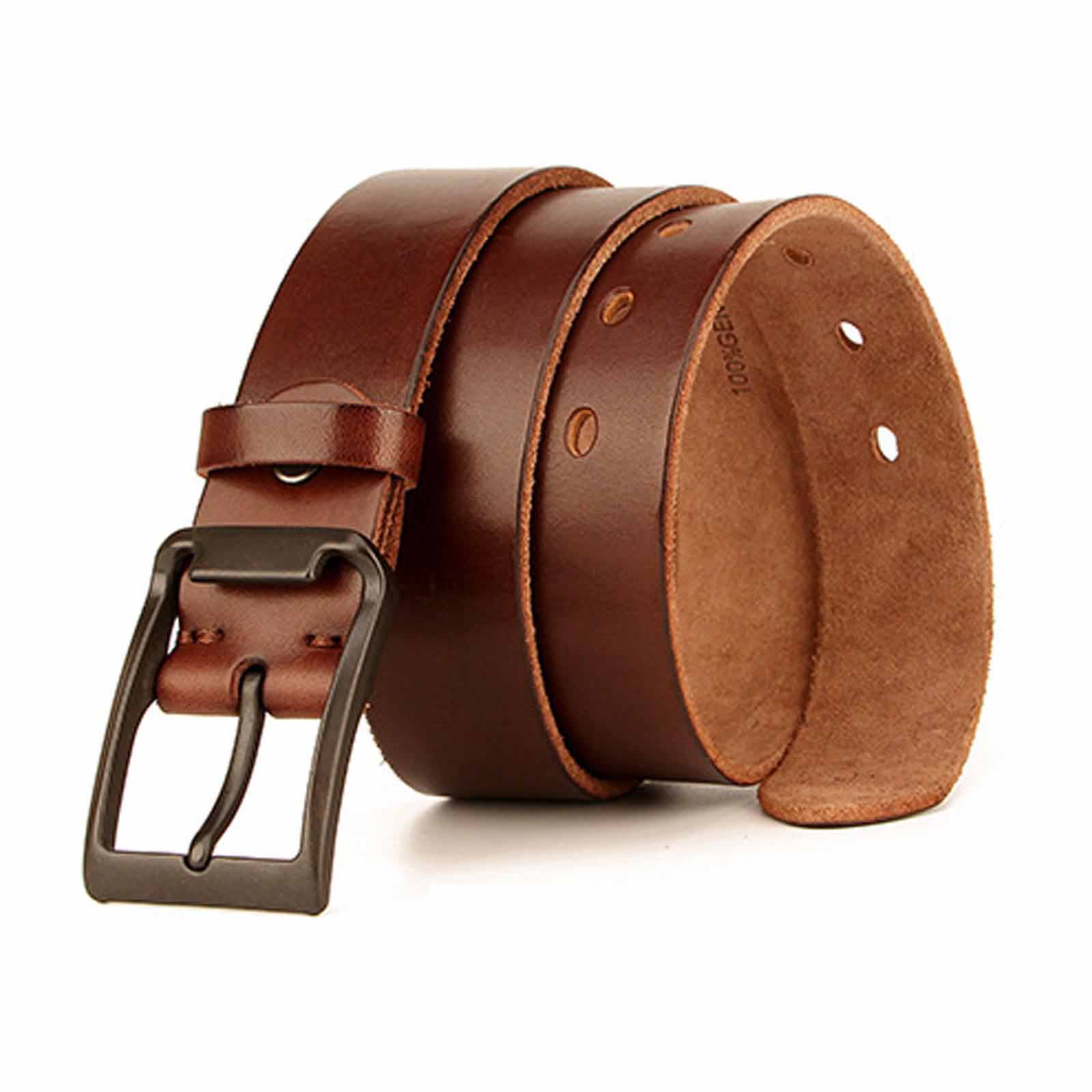 men's leather brown belt casual dress silver single prong buckle