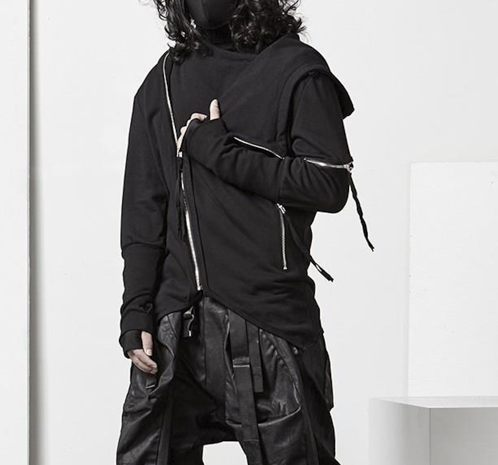 Punk Hoodie with Asymmetrical Zipper Black